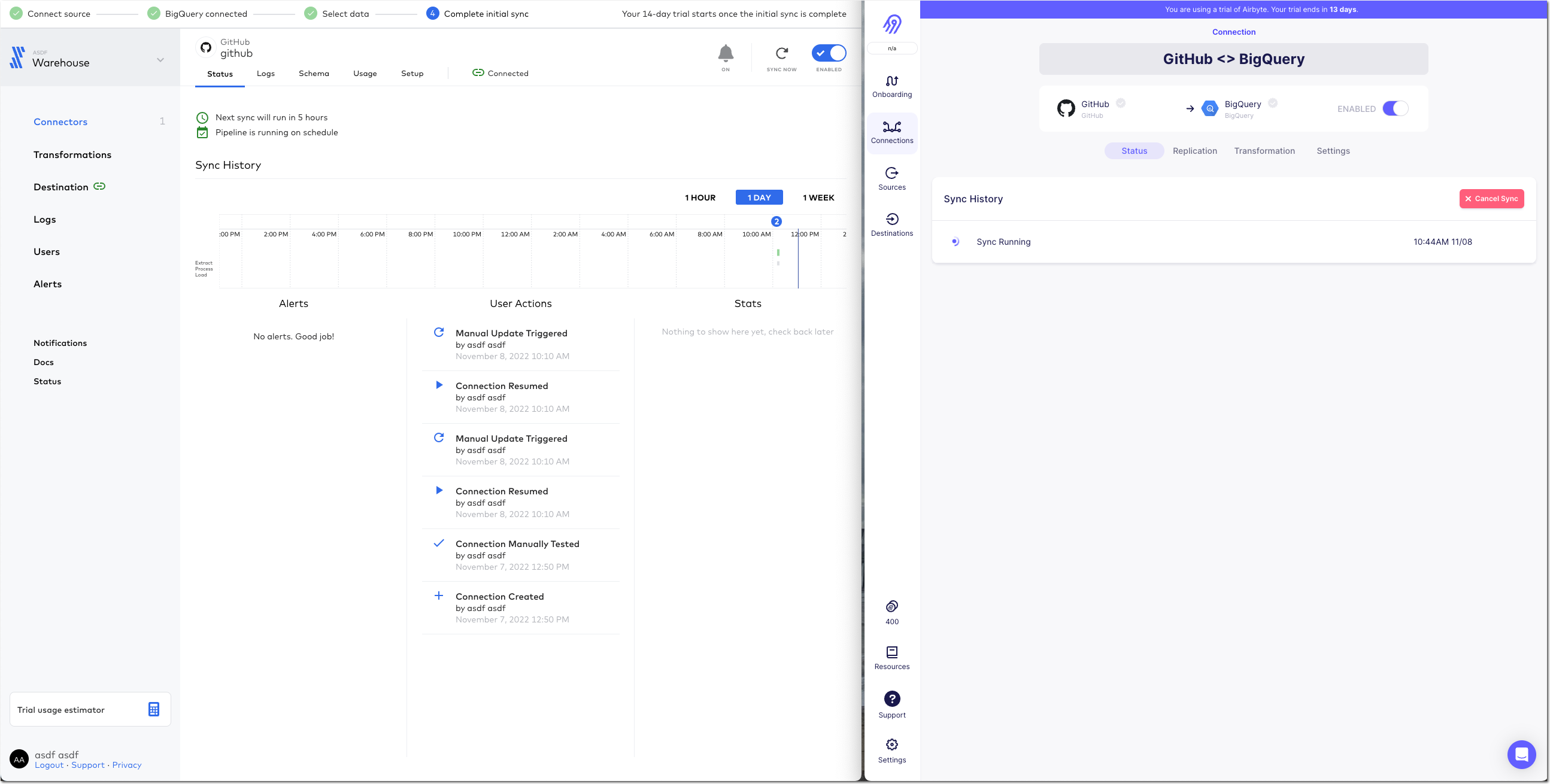 Fivetran and AirByte - Connector status view